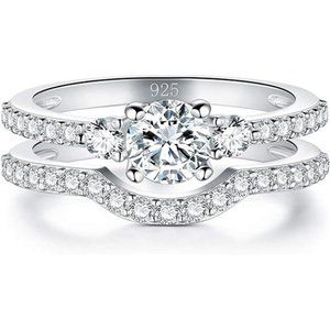 Sterling Silver CZ Wedding Band Set, 2pc Stackable Ring